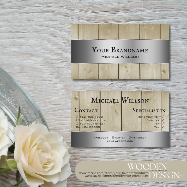 Träskivor Light Brown Wood Grain Silver Decor Visitkort (Skapare uppladdad)