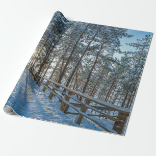 Träskog väg över snöskog presentpapper