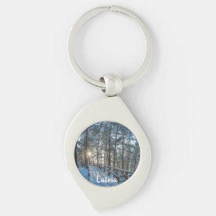 Träskog väg över snöskog swirl silverfärgad nyckelring