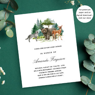 Träskogens djur baby shower budget inbjudan