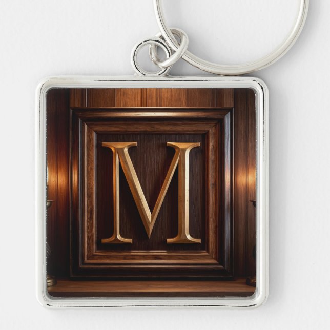 🟡 Träsnidad Guld M Monogram Klassisk Ram 🔑 Fyrkantig Silverfärgad Nyckelring (Framsidan)