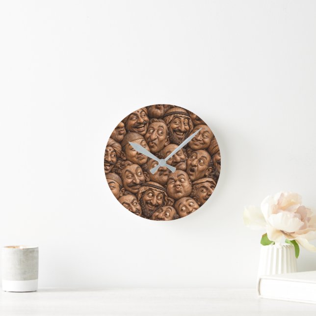 Träsnidade Ansikten Vintage Boho Mönster Rund Klocka (Hem)