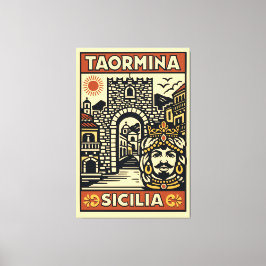 Träsnitt Röd Gul Taormina Sicilien Porta Messina Canvastryck