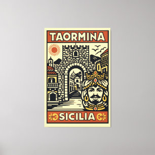 Träsnitt Röd Gul Taormina Sicilien Porta Messina Canvastryck