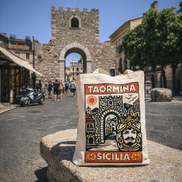 Träsnitt Röd Gul Taormina Sicilien Porta Messina Tygkasse