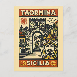 Träsnitt Röd Gul Taormina Sicilien Porta Messina Vykort