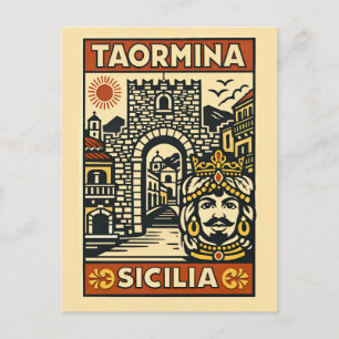 Träsnitt Röd Gul Taormina Sicilien Porta Messina Vykort