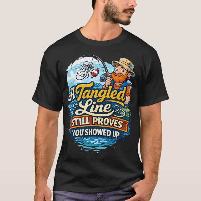 Trasslig Fiskelina Humor Design T Shirt (Framsida)