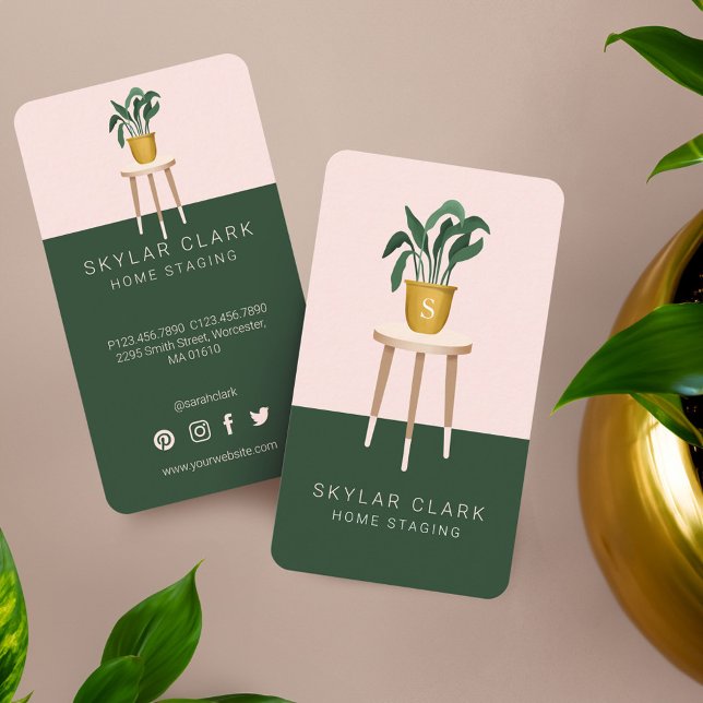Trästall och krukplanta för hemmagasinering och de visitkort (Wooden Stool & Potted Plant Home Staging & Decor Business Card)