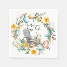 Trästol och Påskägg och blommigt Påsk