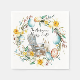 Trästol och Påskägg och blommigt Påsk Pappersservett