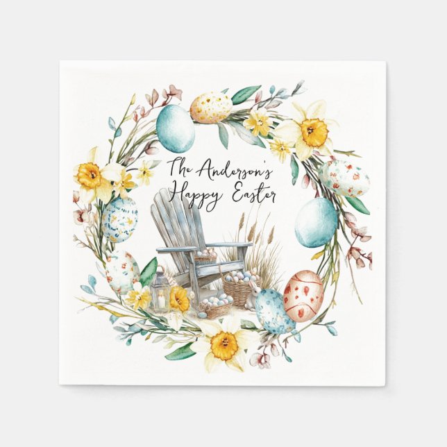 Trästol och Påskägg och blommigt Påsk Pappersservett (Framsidan)