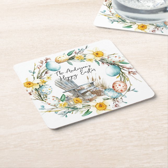 Trästol och Påskägg och blommigt Påsk Underlägg Papper Kvadrat (Vinklad)