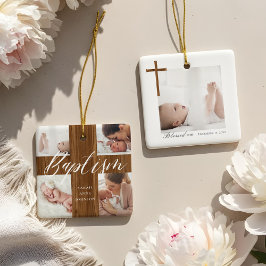 Trästruktur Dop Kalligrafi Foto Collage Bebis Julgransprydnad Keramik