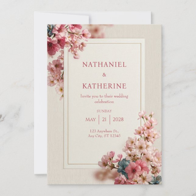 Trästruktur Romantisk Rosa Sakura Ram Bröllop Inbjudningar (Framsida)