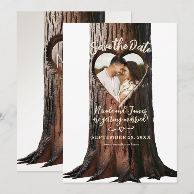 Trästubbe med utskuret hjärta Rustik fotografering Inbjudningar (Fram/baksida)