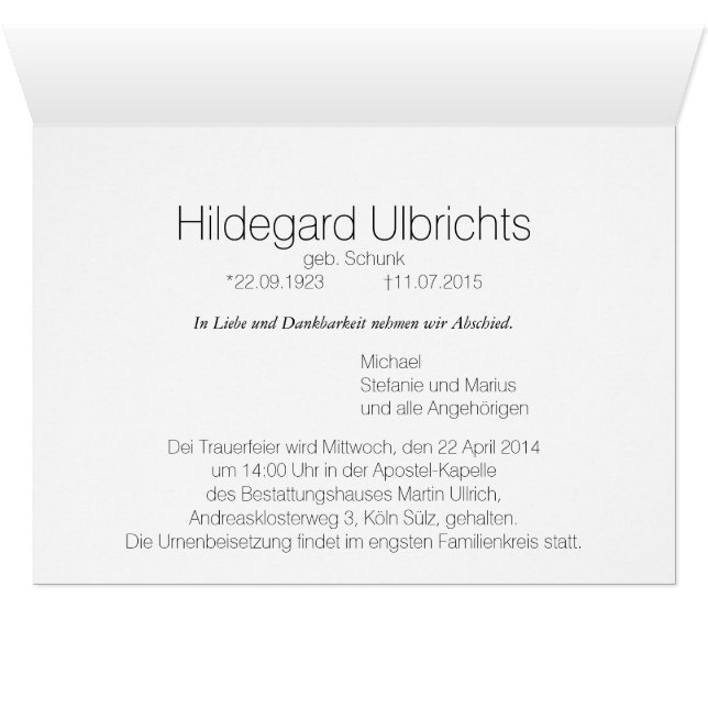 Trauerkarte OBS Kort (Insidan Horizontal (UnderSidan))