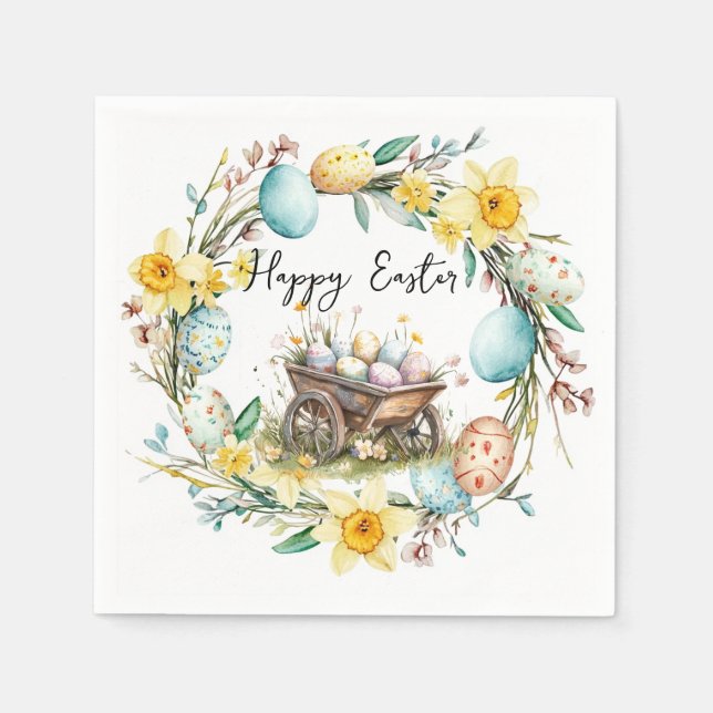 Trävagn med dekorativa ägg blommigt Påsk Pappersservett (Framsidan)