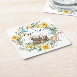 Trävagn med dekorativa ägg blommigt Påsk Underlägg Papper Kvadrat