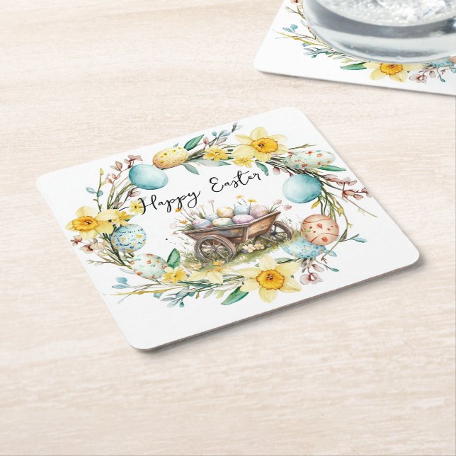 Trävagn med dekorativa ägg blommigt Påsk Underlägg Papper Kvadrat (Vinklad)