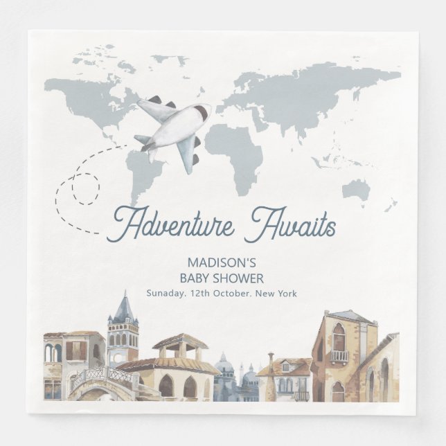 Travel Adventure World Map Airplane Baby Shower  Pappersservett (Framsida)