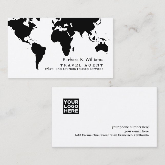 Travel Agent Modern Black White Business Card  Visitkort (Fram/baksida)