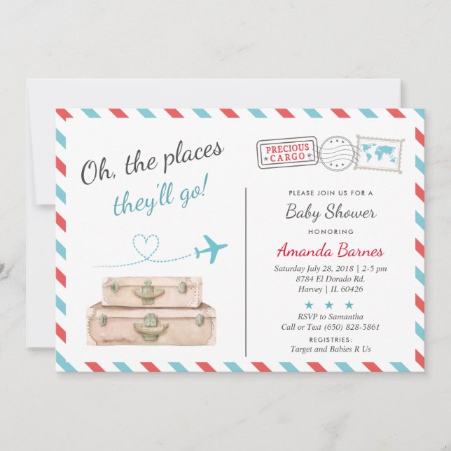 Travel Airplan Twin Baby Shower Sprinkle Red Blue Inbjudningar (Framsida)