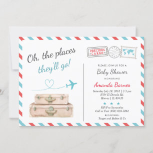 Travel Airplan Twin Baby Shower Sprinkle Red Blue Inbjudningar