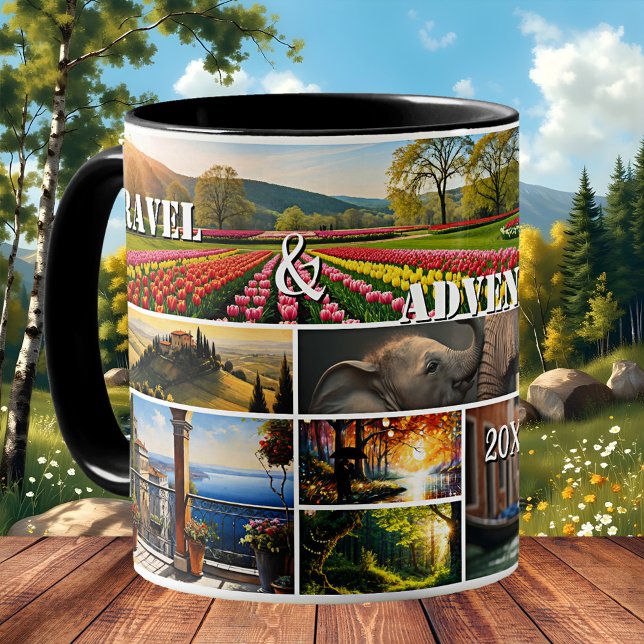 Travel and Adventure Holiday Photo Collage  Kaffemugg (Mug featuring a collage with 9 of your favorite travel or holiday pictures - adventure keepsake)