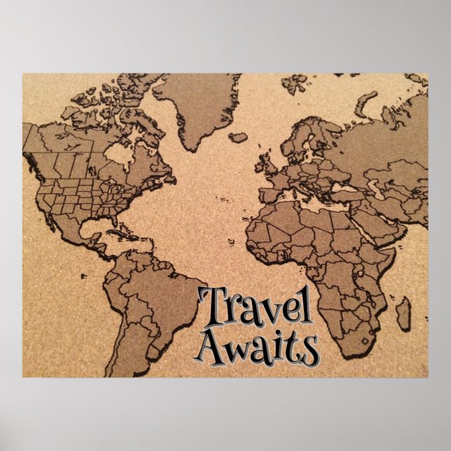 "Travel Awaits" Gamla världskartan Poster (Framsidan)