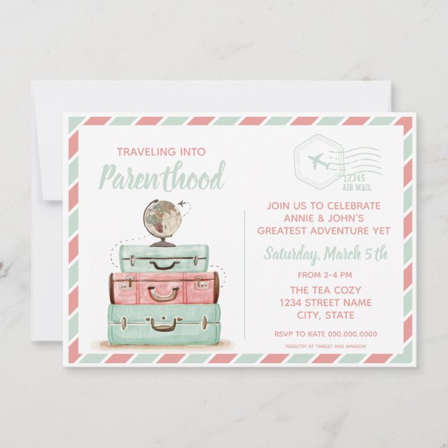 Travel Baby Shower Parenthood Coral Mint Inbjudningar (Framsida)