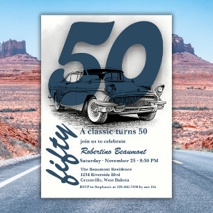 Travel Blue Classic Car  Fyller 50 År Inbjudningar