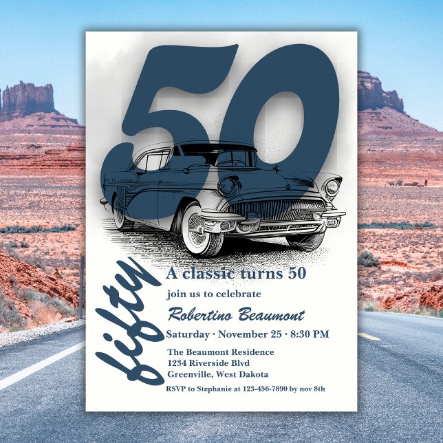 Travel Blue Classic Car  Fyller 50 År Inbjudningar (Skapare uppladdad)