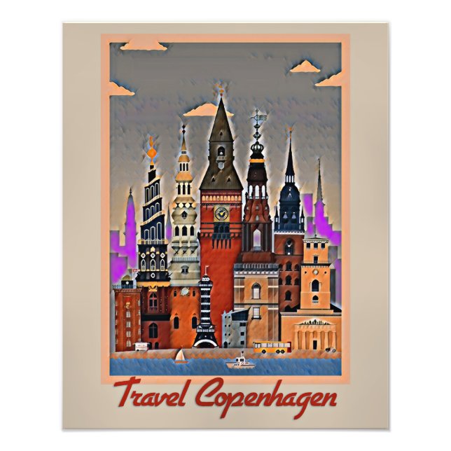Travel Copenhagen, vintage affisch Fototryck (Framsidan)