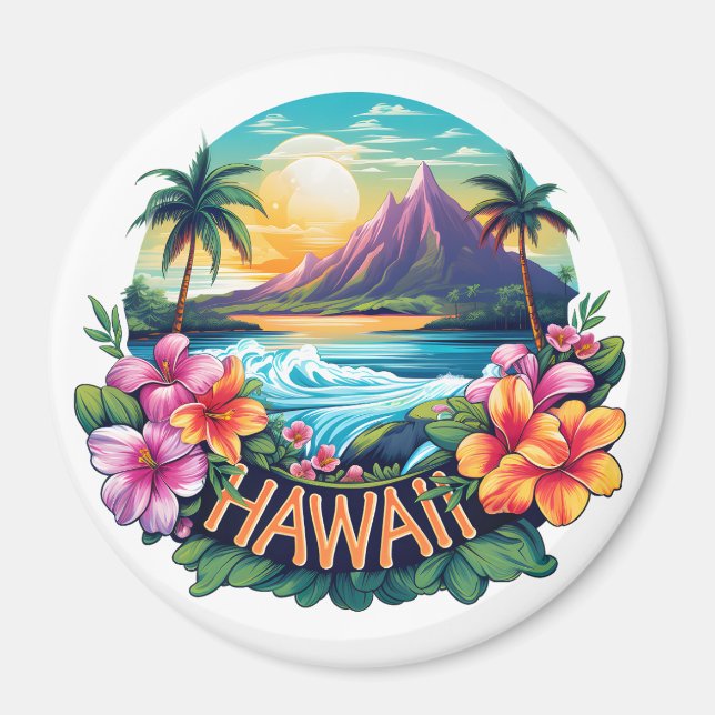 Travel för Hawaii Aloha Tropical Beach Mountains Magnet (Framsidan)
