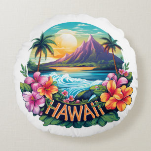 Travel för Hawaii Aloha Tropical Beach Mountains Rund Kudde