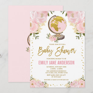 Travel Girl Baby Shower Rosa Guld Blommigt Äventyr Inbjudningar