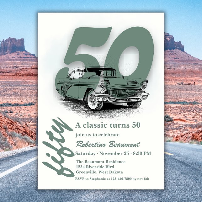 Travel Green Classic Car  Fyller 50 År Inbjudningar (Skapare uppladdad)