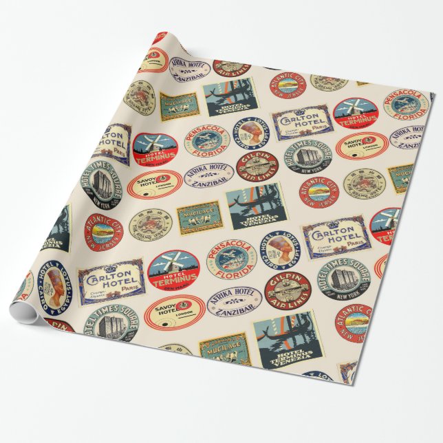 Travel, Hotel Stickers, Luggage stil Presentpapper (Utrullad)