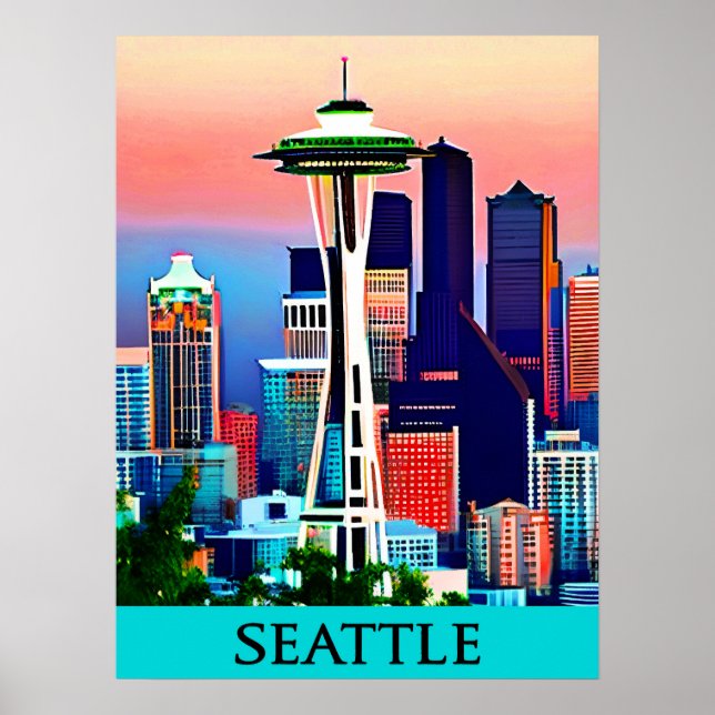 Travel Poster från Seattle under Dawn Himlar Skriv (Framsidan)