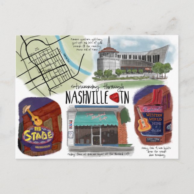 Travel Sketch Postcard Strumming genom Nashville Vykort (Framsida)