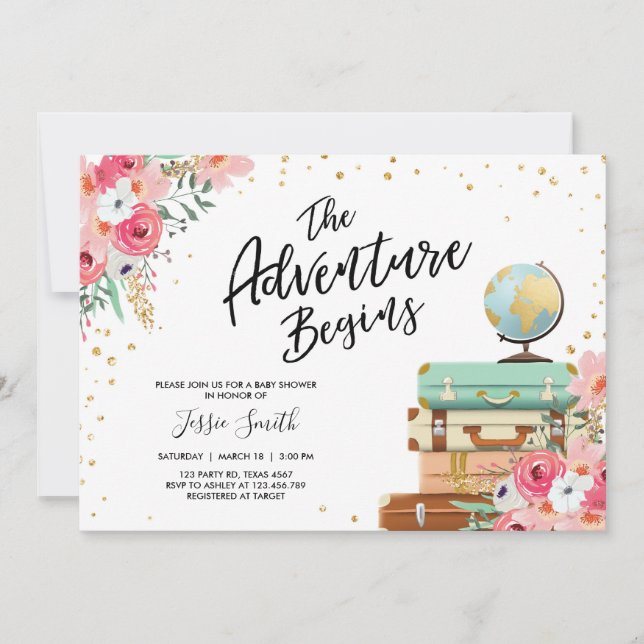Travel Tema Babydusch inbjudan Äventyr börjar (Framsida)