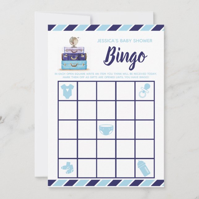 Travel Tema Blue Baby Shower Bingo Game Inbjudningar (Framsida)