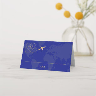 Travel Tema Bröllop Logotyp Blue Karta Placeringskort