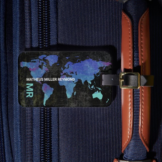 Travel World Internationell Karta Distress Blue Bagagebricka (Framsida Insitu 4)