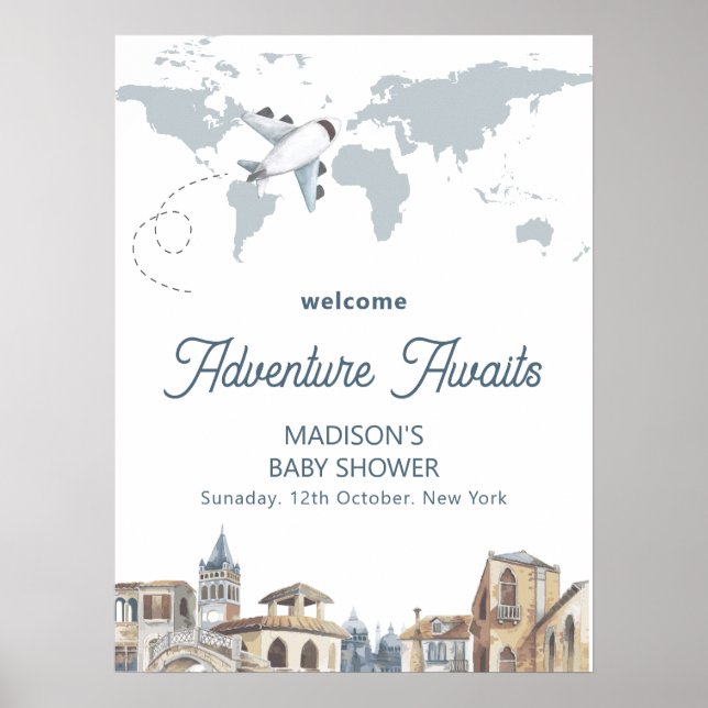 Travel World Map Airplane Baby Shower Welcome  Poster (Framsidan)