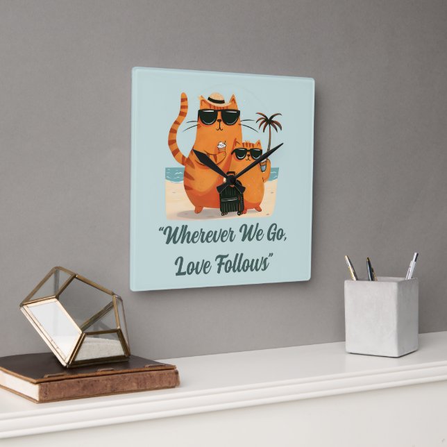 Travelling Cat Love Moment Wall Clock Fyrkantig Klocka (Kontor)