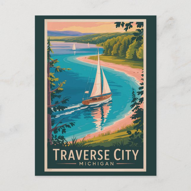 Traverse City Michigan Illustration Resa Konst  Vykort (Framsida)