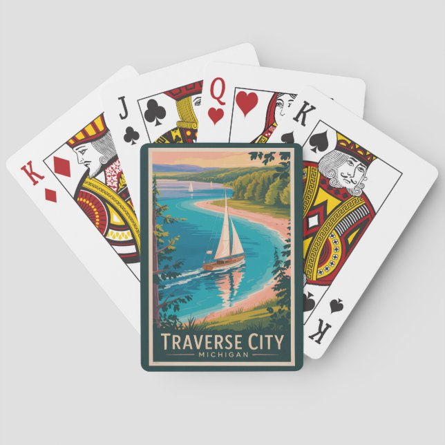 Traverse City Michigan Illustration Travel Art Casinokort (Baksidan)