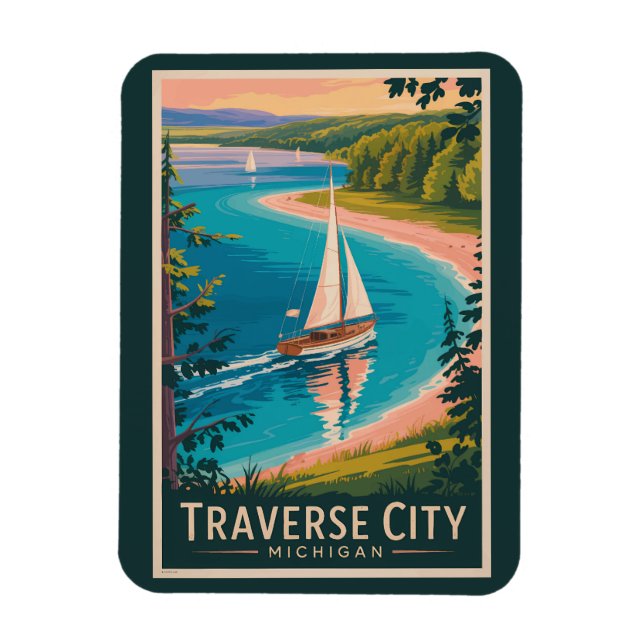 Traverse City Michigan Illustration Travel Art Magnet (Vertikal)